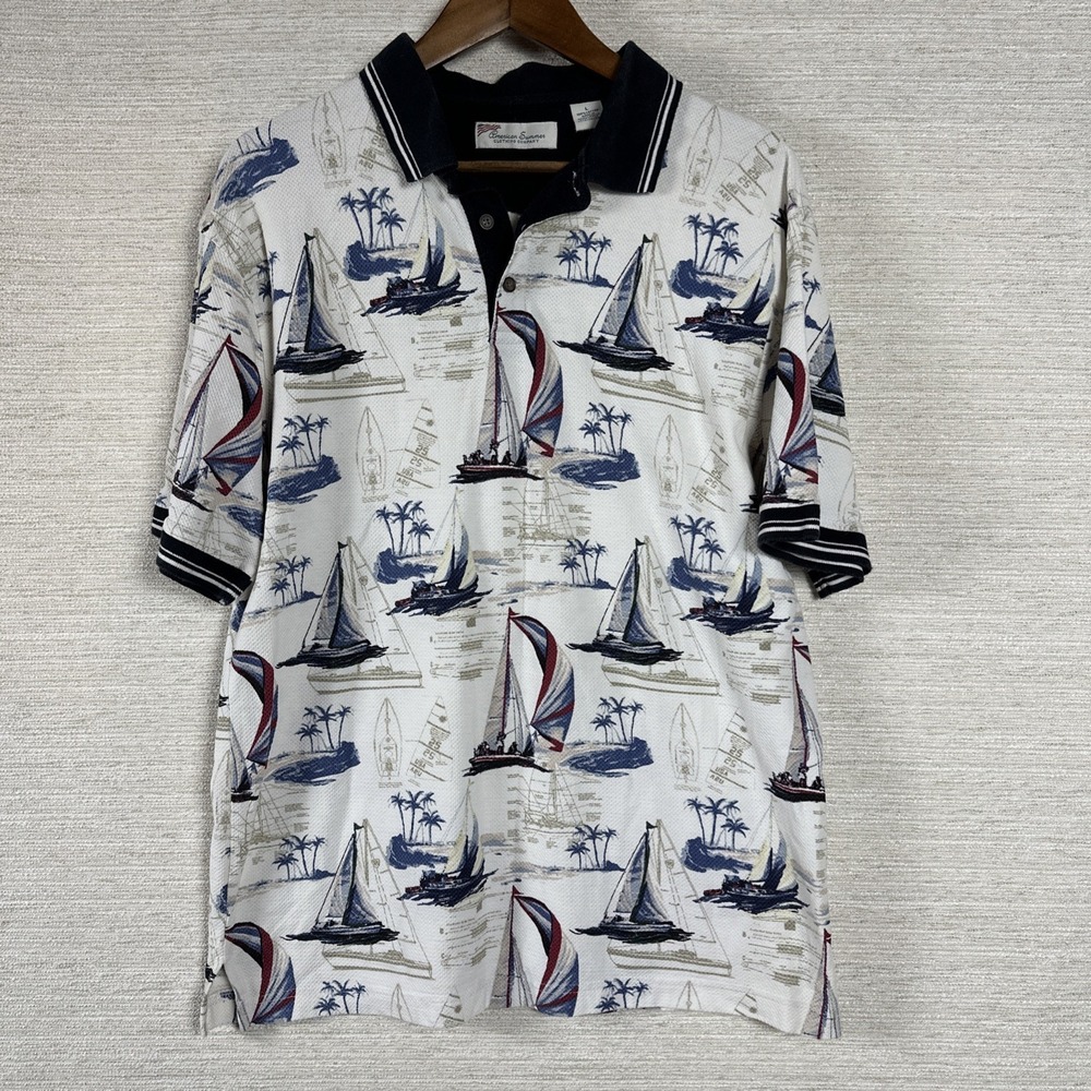 American Summer Clothing Company Polo Shirt Nautical Sailboat Size L 100% Cotton